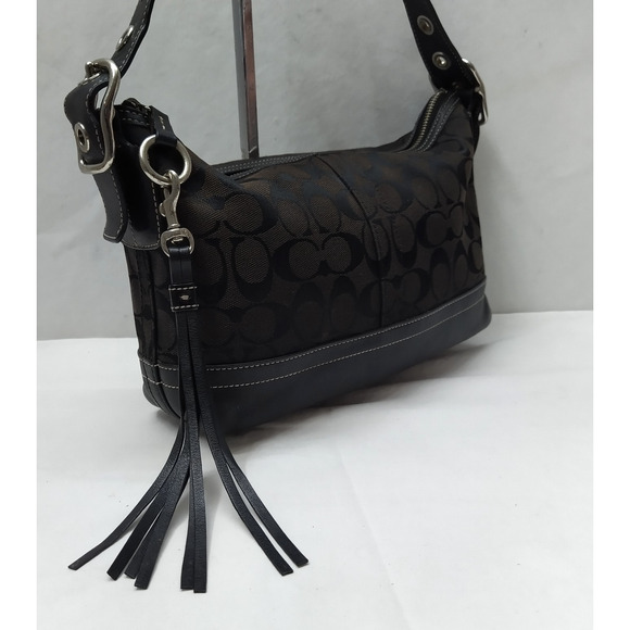 Coach Signature Black Canvas Leather Trim Zipper Closure Hobo Shoulder Bag - Picture 4 of 16